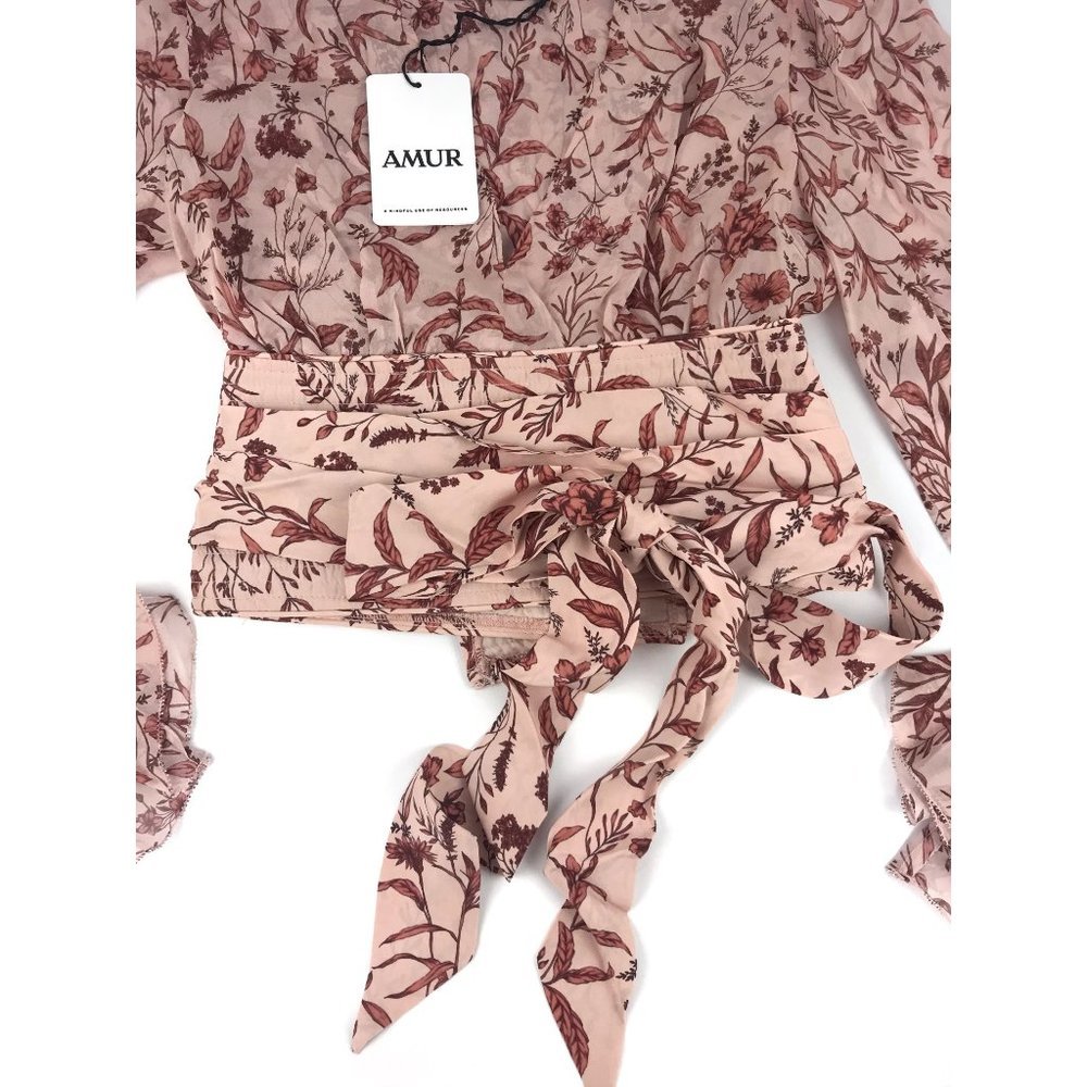 AMUR Helene Tie Waist Floral Silk Wrap Crop Top - Picture 14 of 16